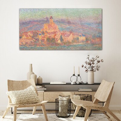 Foto op glas Mistig landschap met een kasteel