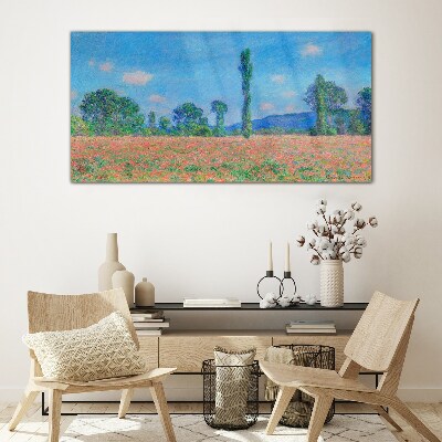 Foto op glas Een bloemenveld onder een blauwe lucht