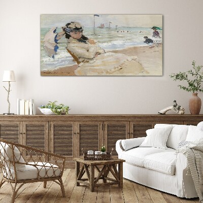 Foto op glas Vrouw op het strand met een parasol