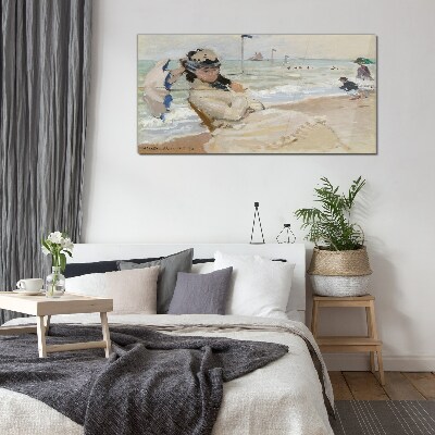 Foto op glas Vrouw op het strand met een parasol