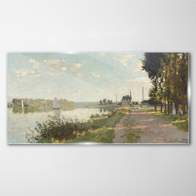 Schilderij op glas Een vredig landschap aan de rivier