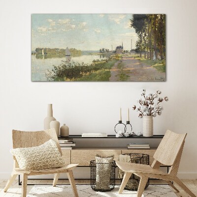 Schilderij op glas Een vredig landschap aan de rivier