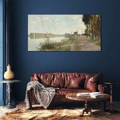 Schilderij op glas Een vredig landschap aan de rivier