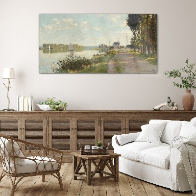 Schilderij op glas Een vredig landschap aan de rivier