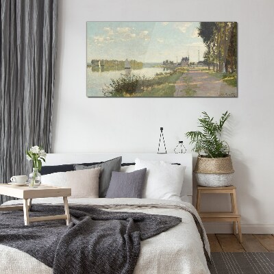 Schilderij op glas Een vredig landschap aan de rivier