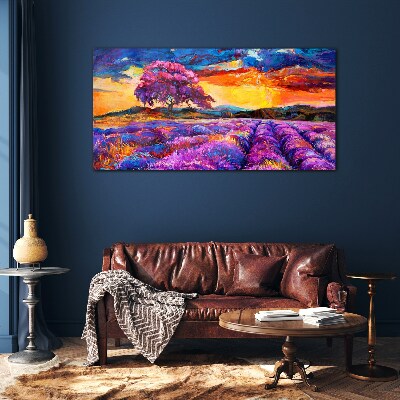 Schilderij op glas Paarse lavendelvelden bij zonsondergang