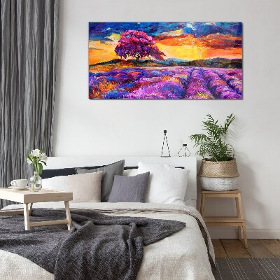 Schilderij op glas Paarse lavendelvelden bij zonsondergang