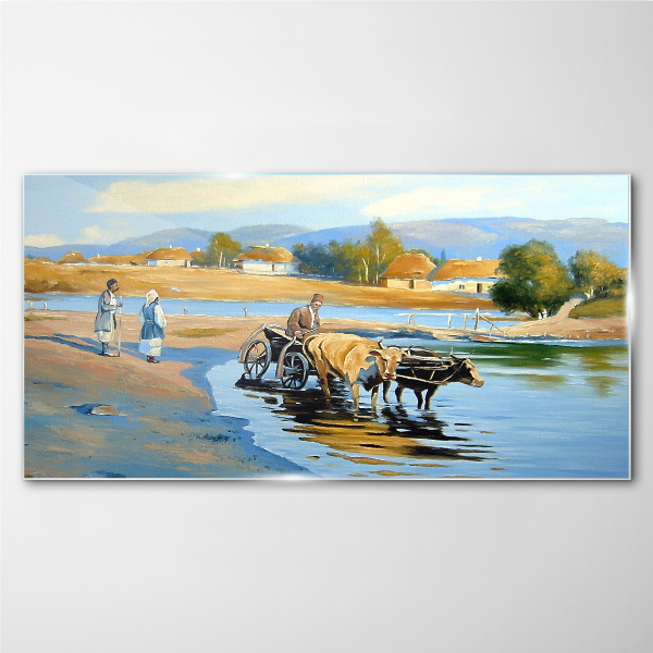 Schilderij op glas Landelijk landschap met ossen