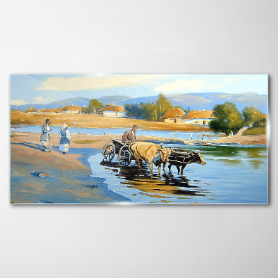 Schilderij op glas Landelijk landschap met ossen