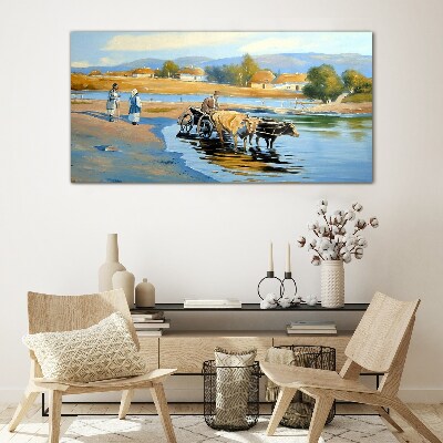 Schilderij op glas Landelijk landschap met ossen