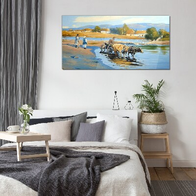 Schilderij op glas Landelijk landschap met ossen