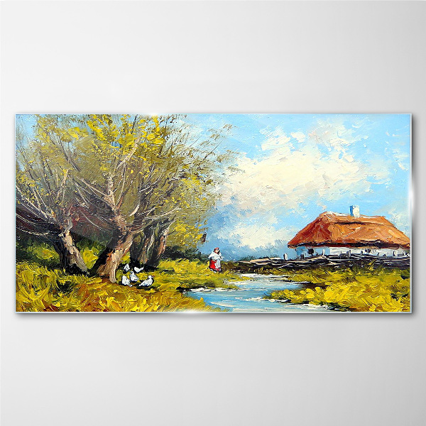 Schilderij op glas Landelijk landschap met een huisje en bomen