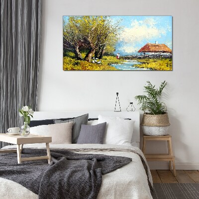 Schilderij op glas Landelijk landschap met een huisje en bomen