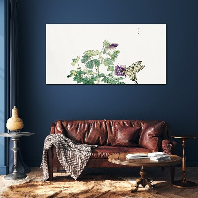 Schilderij op glas Bloemenharmonie met een vlinder