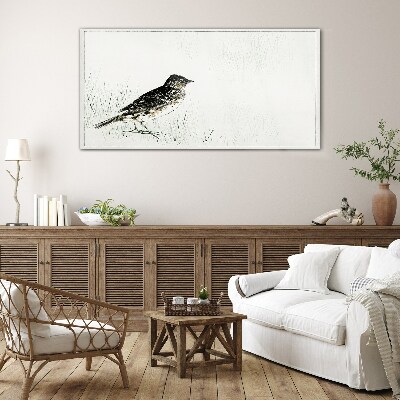 Foto op glas Een vogel op het gras