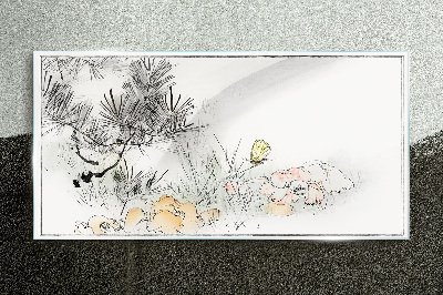 Glas foto Bloemenlandschap met een vlinder