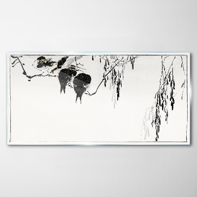 Schilderij op glas Vogels op een tak in het wit