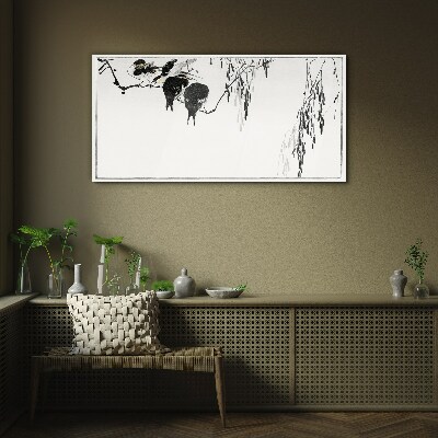 Schilderij op glas Vogels op een tak in het wit