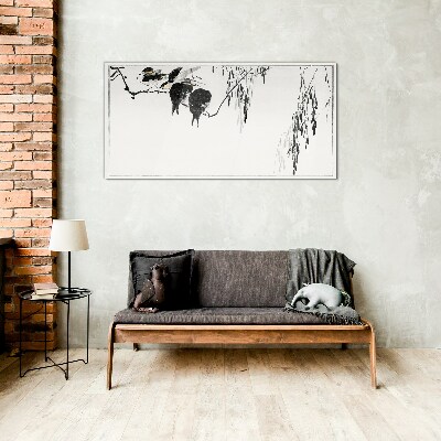 Schilderij op glas Vogels op een tak in het wit