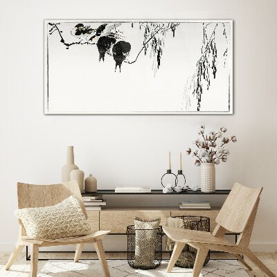 Schilderij op glas Vogels op een tak in het wit