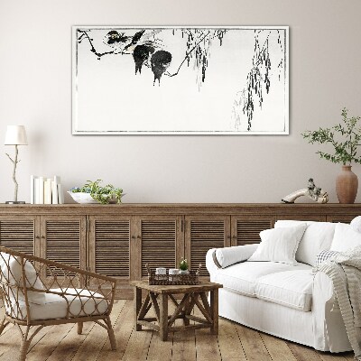 Schilderij op glas Vogels op een tak in het wit