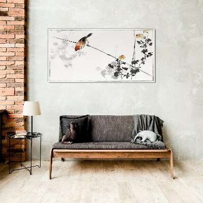 Glas foto Een vogel op een tak met bloemen