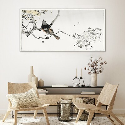 Schilderij op glas Een vogel op een tak in delicate kleuren