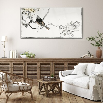 Schilderij op glas Een vogel op een tak in delicate kleuren