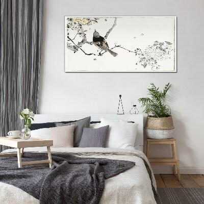 Schilderij op glas Een vogel op een tak in delicate kleuren