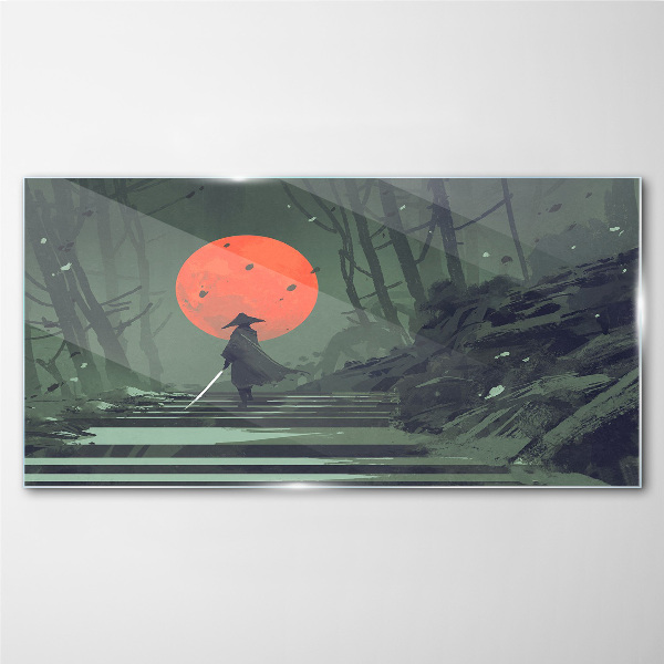 Schilderij op glas Samurai in de schaduw van de opkomende zon