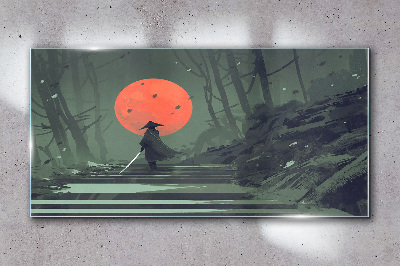 Schilderij op glas Samurai in de schaduw van de opkomende zon