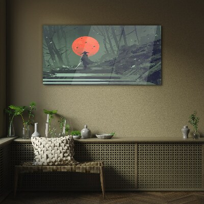 Schilderij op glas Samurai in de schaduw van de opkomende zon