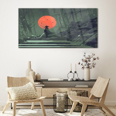 Schilderij op glas Samurai in de schaduw van de opkomende zon