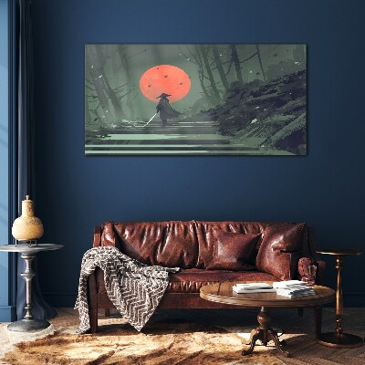 Schilderij op glas Samurai in de schaduw van de opkomende zon