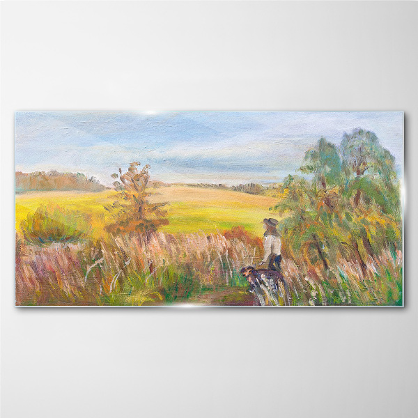 Foto op glas Zomerlandschap met een figuur en een hond