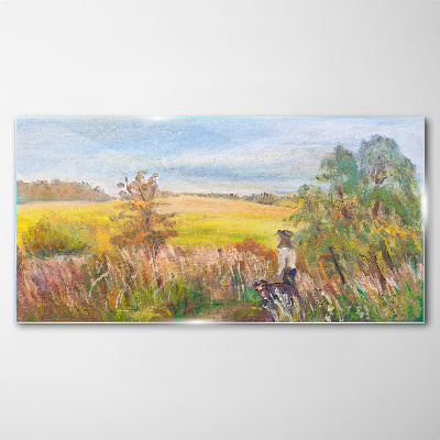 Foto op glas Zomerlandschap met een figuur en een hond