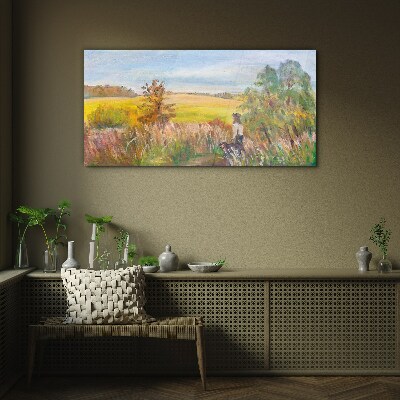 Foto op glas Zomerlandschap met een figuur en een hond