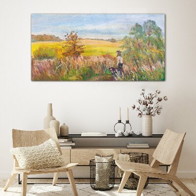Foto op glas Zomerlandschap met een figuur en een hond