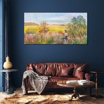 Foto op glas Zomerlandschap met een figuur en een hond