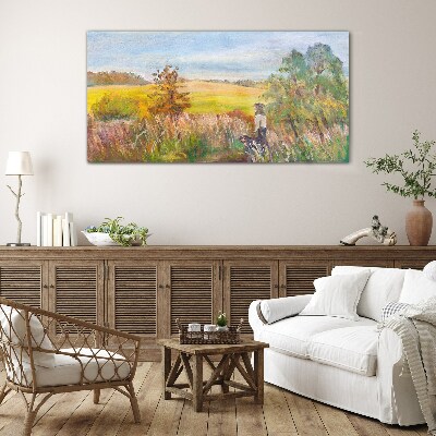 Foto op glas Zomerlandschap met een figuur en een hond