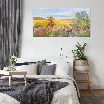 Foto op glas Zomerlandschap met een figuur en een hond