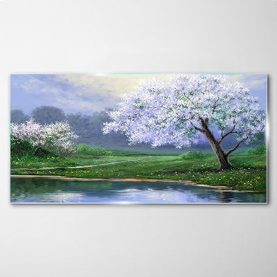 Glas foto Lentelandschap met bloeiende bomen