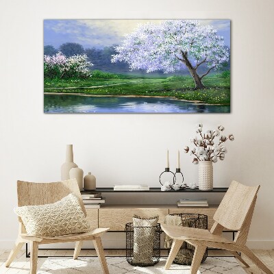 Glas foto Lentelandschap met bloeiende bomen