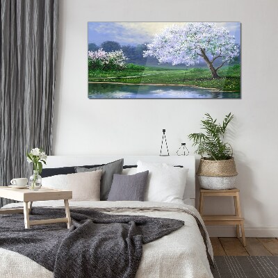 Glas foto Lentelandschap met bloeiende bomen