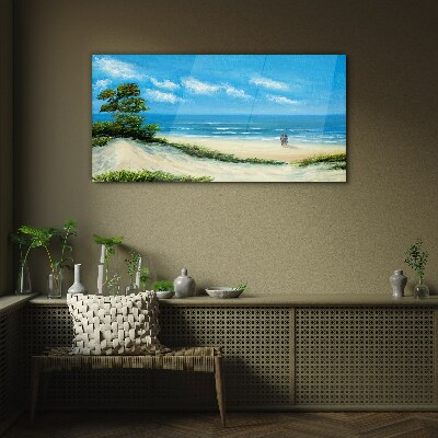 Schilderij op glas Een romantische wandeling langs de zee