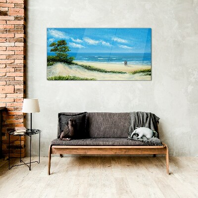 Schilderij op glas Een romantische wandeling langs de zee