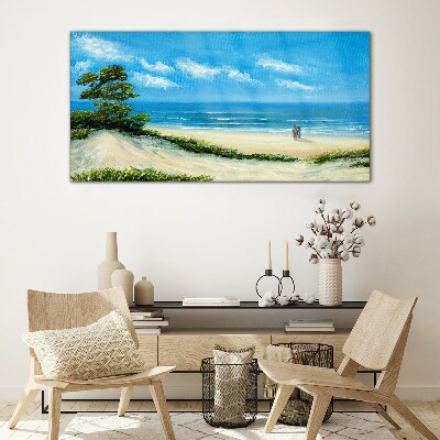 Schilderij op glas Een romantische wandeling langs de zee