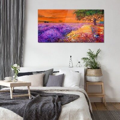 Schilderij op glas Lavendelvelden in de zonsondergang