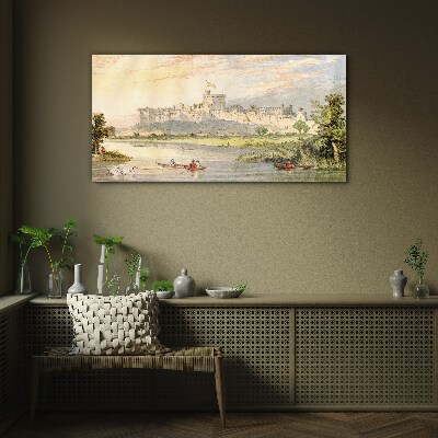 Glas foto Een kasteel aan de rivier in pastelkleuren