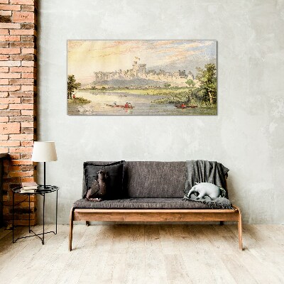 Glas foto Een kasteel aan de rivier in pastelkleuren